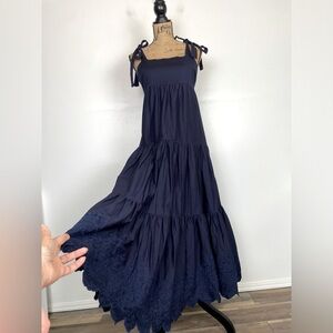 Jason Wu Tiered Maxi Dress Size M Blue Embroidered Eyelet Smocked Boho Cotton